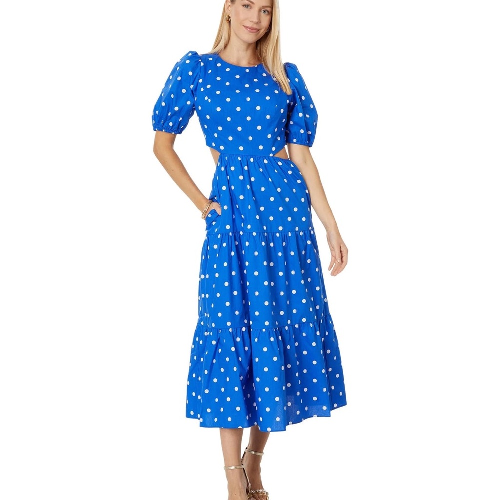Lilly Pulitzer Lyssa Cotton Cut Out Waist Blue Polka Dot Dress